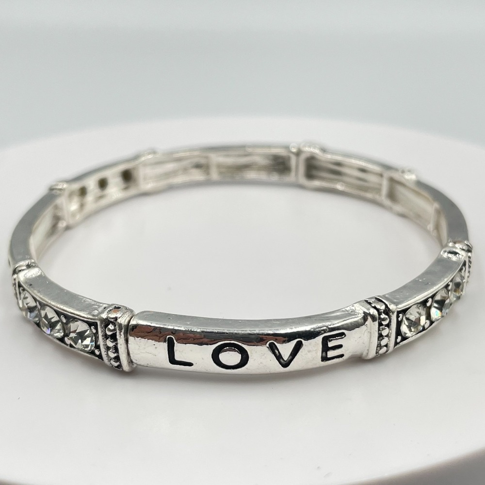 Vintage Y2K Silver Tone "LOVE" Message Rhinestone Stretch Bangle Bracelet Slide